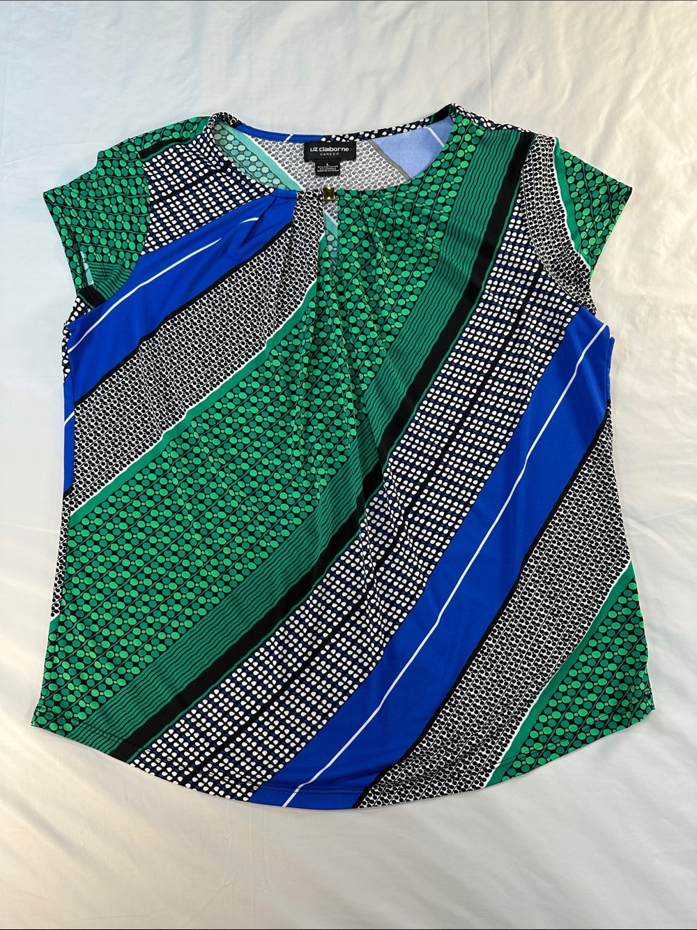 Liz Claiborne Green, Blue & Black Mixed-Print Cap-Sleeve Top